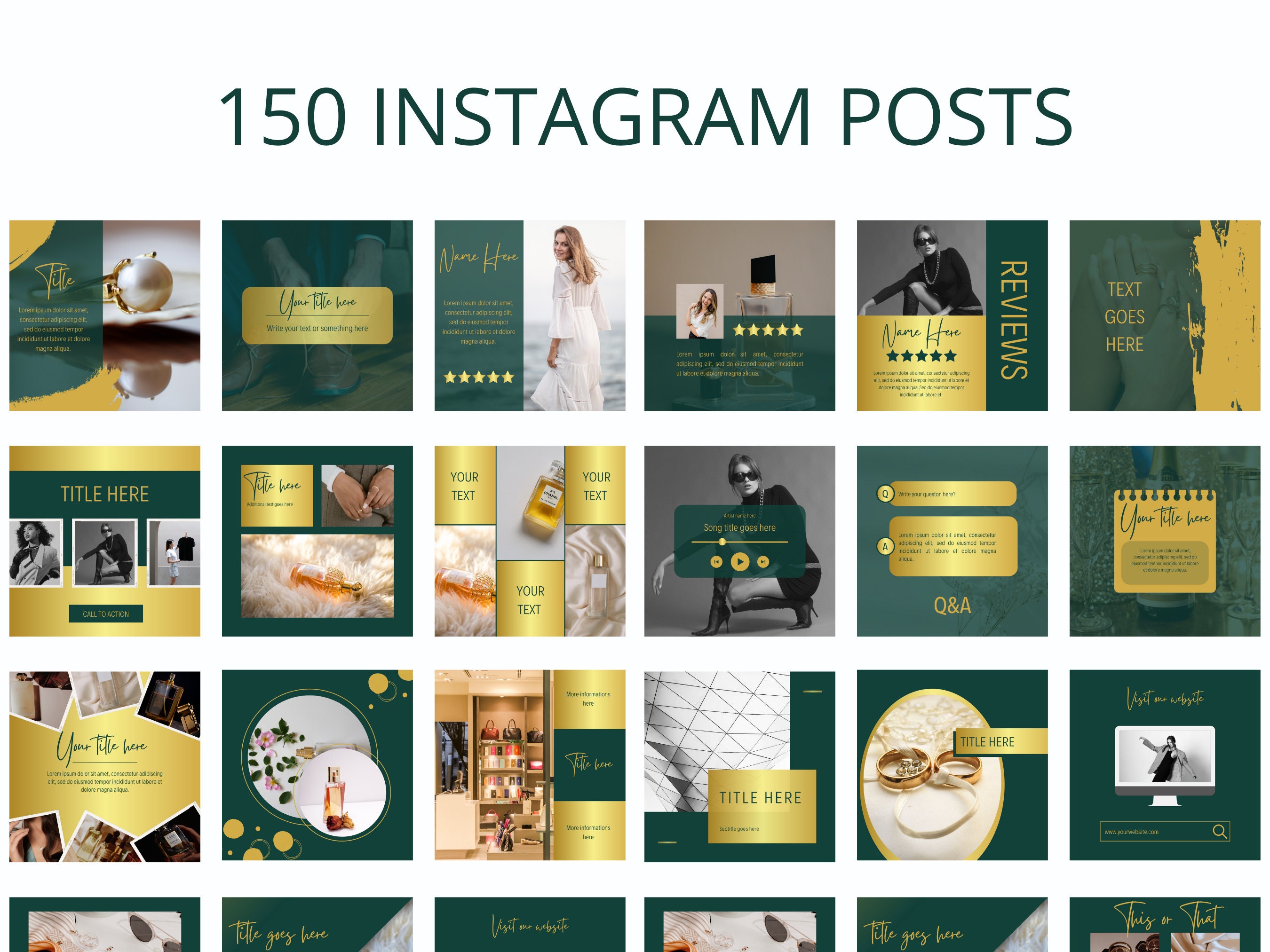 Green & Gold Luxury Instagram Canva Templates: 200 Social Media Posts ...
