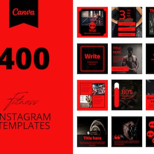 400 Fitness Instagram Canva Templates, Black and red templates, Social media post,  set of 400, canva instagram feed