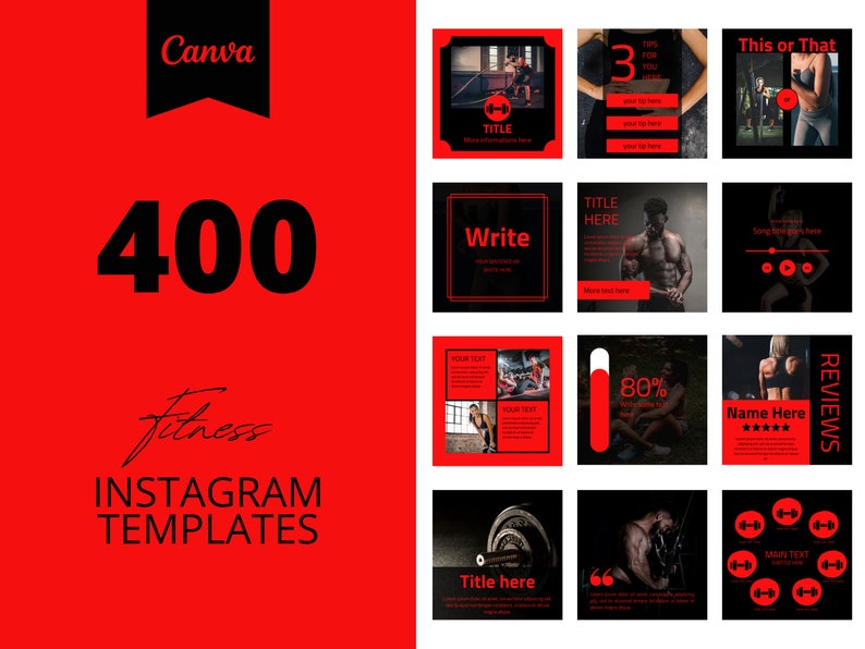 400 Fitness Instagram Templates: Black & Red Canva Social Media Posts ...