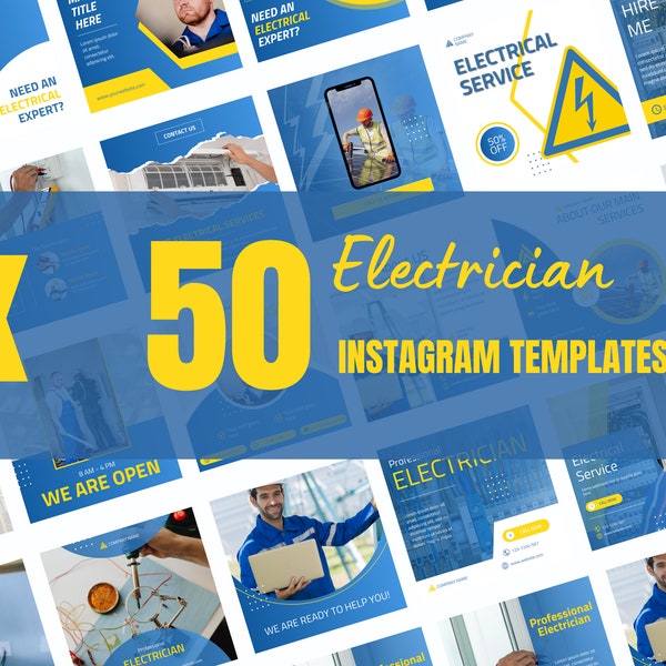 50 Electrician Instagram Canva Templates, Worker templates, Business post, Electrical , Social media post,  set of 50, canva instagram feed