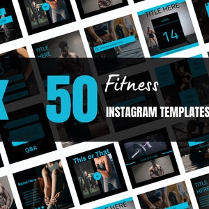50 Fitness Instagram Canva Templates, Black and blue templates, Business post, Social media post,  set of 50, canva instagram feed