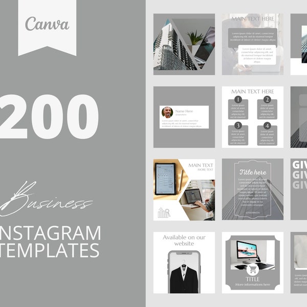 200 Grey Business Instagram Canva Templates, Minimalist, fashion templates, Social media post,  set of 200, canva instagram feed