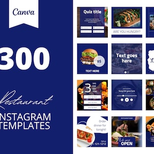 300 Restaurant Instagram Canva Templates, Royal Blue Food templates, Social media post, Business post, set of 300, canva instagram feed