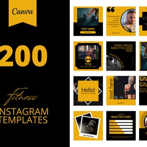 200 Fitness Instagram Canva Templates, Black and yellow templates, Social media post,  set of 200, canva instagram feed