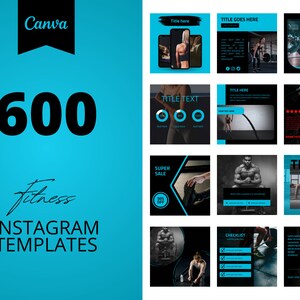600 Fitness Instagram Canva Templates, Black and blue templates, Business post, Social media post,  set of 600, canva instagram feed
