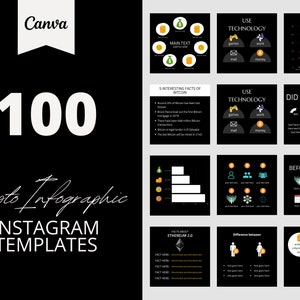Peut inclure: Un ensemble de 100 modèles Instagram pour créer des infographies sur les crypto-monnaies. Les modèles présentent un fond noir avec du texte et des graphiques blancs. Certains modèles incluent des graphiques, des diagrammes et des icônes liés aux crypto-monnaies.