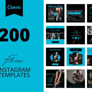 200 Fitness Instagram Canva Templates, Black and blue templates, Social media post,  set of 200, canva instagram feed
