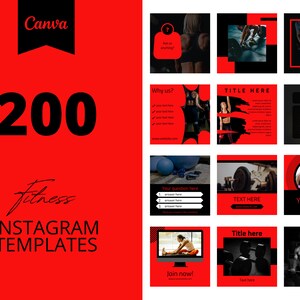200 Fitness Instagram Canva Templates, Red templates, Social media post,  set of 200, canva instagram feed