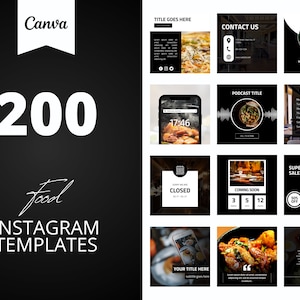 200 Food Restaurant Instagram Canva Templates, Black Restaurant templates, Business, Social media post,  set of 200, canva instagram feed