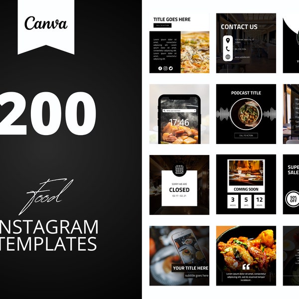 200 Food Restaurant Instagram Canva Templates, Black Restaurant templates, Business, Social media post, set van 200, canva instagram feed