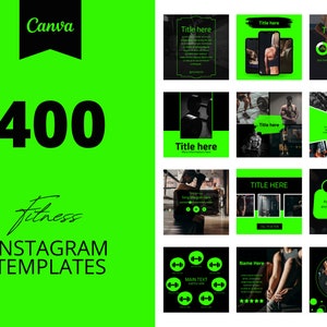 400 Fitness Instagram Canva Templates, Black and green templates, Business post, Social media post,  set of 400, canva instagram feed
