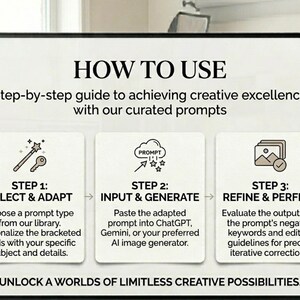May include: A step-by-step guide titled "HOW TO USE" with three steps: Select & Adapt, Input & Generate, and Refine & Perfect. The guide explains how to achieve creative excellence using curated prompts, with a call to unlock limitless creative possibilities.