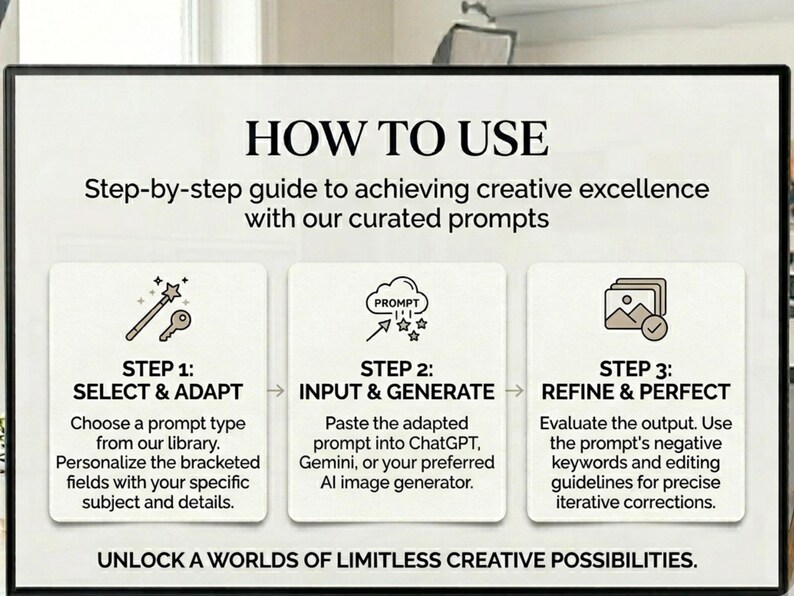 May include: A step-by-step guide titled "HOW TO USE" with three steps: Select & Adapt, Input & Generate, and Refine & Perfect. The guide explains how to achieve creative excellence using curated prompts, with a call to unlock limitless creative possibilities.