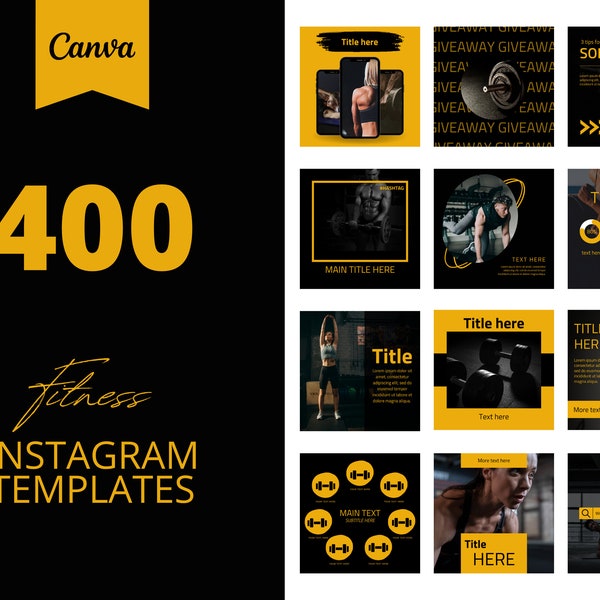 400 Fitness Instagram Canva Templates, Black and yellow templates, Social media post,  set of 400, canva instagram feed