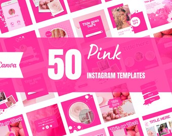May include: A collection of 50 pink Instagram templates for Canva. The templates feature various designs, including text boxes, images, and graphics. The text "50 Pink Instagram Templates" is displayed in large white letters on a pink background.