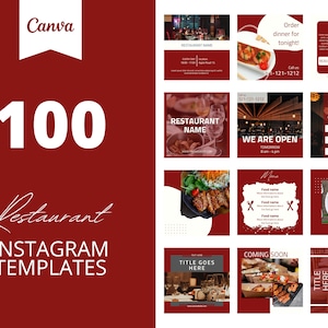 100 Restaurant Instagram Canva Templates, Red Food templates, Business posts, Social media post, set of 100, canva instagram feed