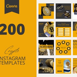 200 Cryptocurrency Instagram Canva Templates, Black, Yellow templates, Social media post,  set of 200, canva instagram feed