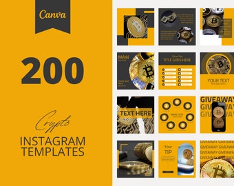200 Cryptocurrency Instagram Canva Templates, Black, Yellow templates, Social media post,  set of 200, canva instagram feed