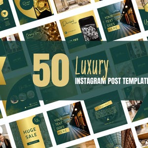 May include: Fifty green and gold Instagram post templates for luxury brands. The templates feature a variety of designs, including geometric shapes, marble textures, and gold accents. The text "50 Luxury Instagram Post Templates" is displayed in gold letters on a green background.