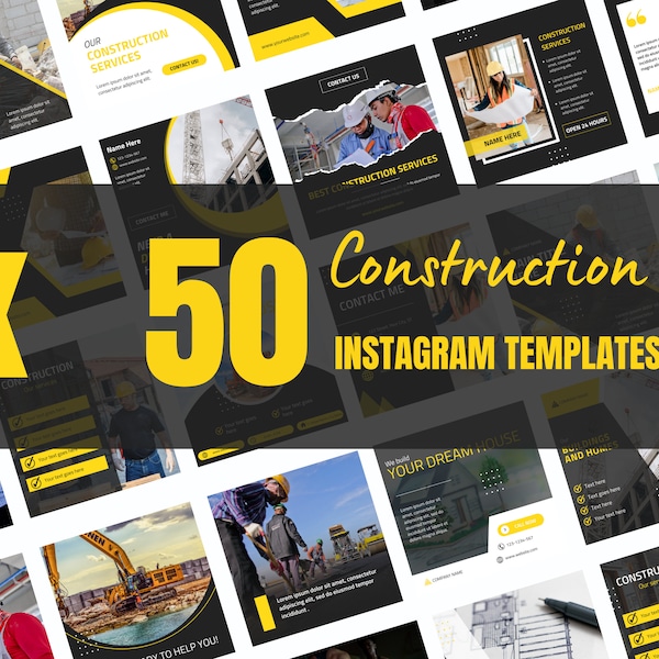 50 bouw Instagram Canva-sjablonen, werknemerssjabloon, zakelijke post, huisreparatie, sociale mediapost, set van 50, canva instagram-feed