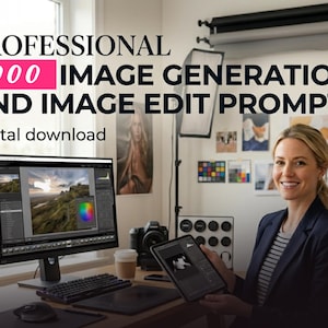 May include: Image of a woman smiling while holding a tablet, with a computer monitor displaying image editing software. The text reads "PROFESSIONAL 1000 IMAGE GENERATION AND IMAGE EDIT PROMPTS Digital download."