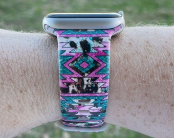 Western Pink And Teal Watch Band Compatible with Apple Watch Samsung Garmin