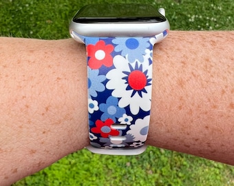 Red White And Blue Flower Watch Band Compatible with Apple Watch Samsung Garmin