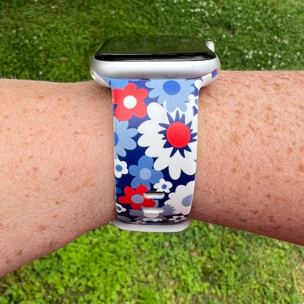 Red White And Blue Flower Watch Band Compatible with Apple Watch Samsung Garmin