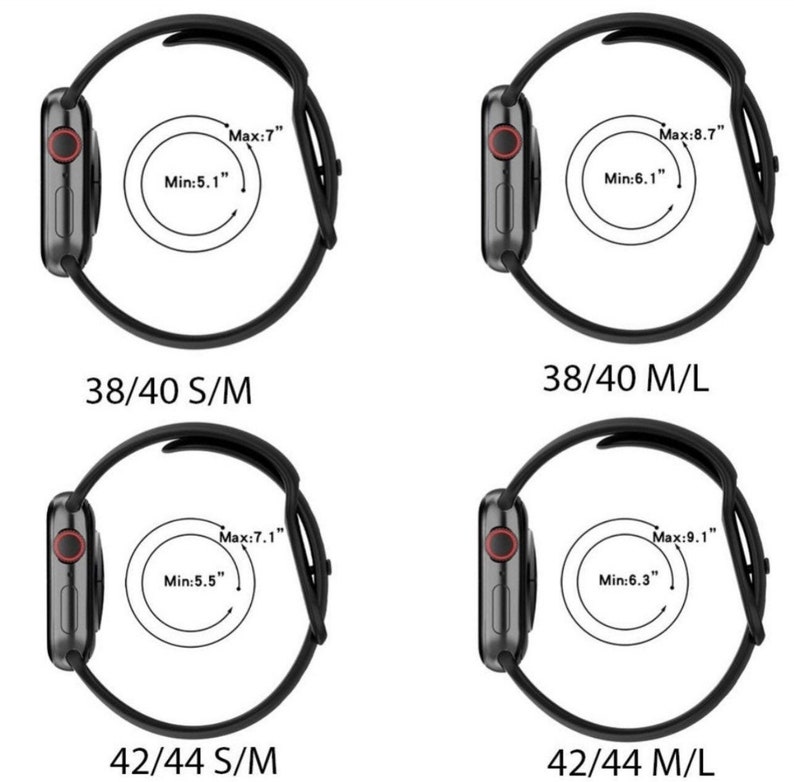 May include: A diagram showing the wrist size measurements for different Apple Watch bands. The image shows four bands in black, with the text "Max: 7", "Min: 5.1", "Max: 8.7", "Min: 6.1", "Max: 7.1", "Min: 5.5", "Max: 9.1", "Min: 6.3", "38/40 S/M", "38/40 M/L", "42/44 S/M", and "42/44 M/L".