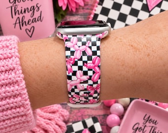 Pink Balloon Dog Watch Band, Checkered Watch Strap, Pink Bow Watch Band, Cute Girly Watch Band, Balloon Animal Gift, Pink & Black Watch Band