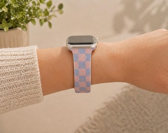Correa de reloj a cuadros en tonos pastel compatible con Apple Watch, Samsung y Garmin.