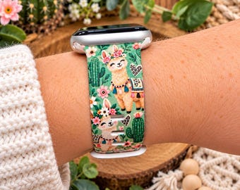 Llama Watch Band, Cute Llama Watch Strap, Floral Llama Band, Cactus Watch Band, Boho Watch Band, Southwestern Gift, Llama Lover Gift