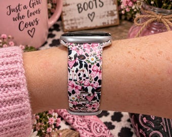 Pink Cow Watch Band, Cow Print Watch Strap, Western Farmhouse Watch Band, Cute Cowgirl Watch Band, Pink Bow Floral Watch Band