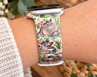Hippo Watch Band, Floral Animal Watch Strap, Cute Hippo Band, Wildflower Watch Band, Animal Lover Gift, Nature Inspired Watch Band