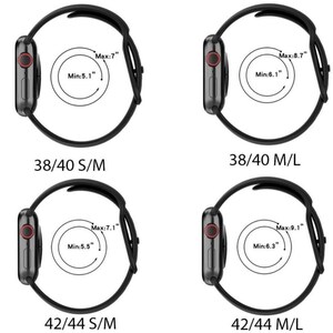 May include: A diagram showing the different sizes of Apple Watch bands. The image shows four Apple Watch bands in black, with the maximum and minimum wrist sizes listed for each band. The bands are labeled 38/40 S/M, 38/40 M/L, 42/44 S/M, and 42/44 M/L.