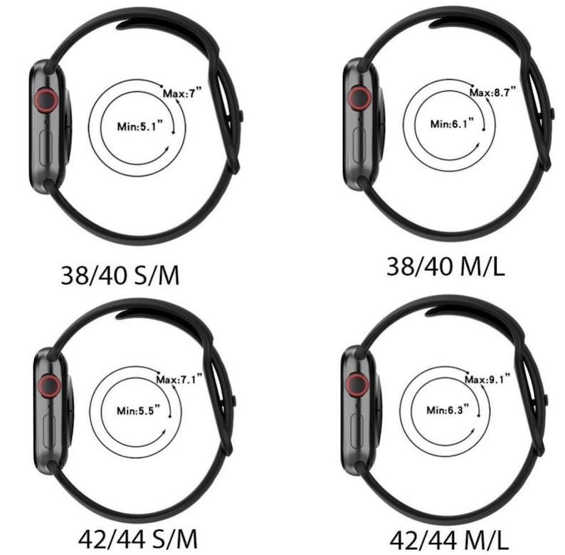 May include: A diagram showing the different sizes of Apple Watch bands. The image shows four Apple Watch bands in black, with the maximum and minimum wrist sizes listed for each band. The bands are labeled 38/40 S/M, 38/40 M/L, 42/44 S/M, and 42/44 M/L.