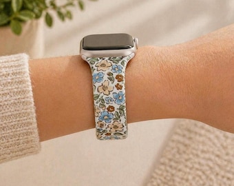 Correa de reloj vintage azul con estampado floral, compatible con Apple Watch, Samsung y Garmin.