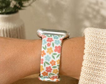 Correa de reloj retro con estampado floral de margaritas, compatible con Apple Watch, Samsung y Garmin.
