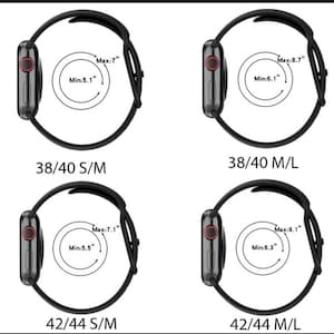 May include: Diagram showing the minimum and maximum wrist sizes for Apple Watch bands in 38/40mm and 42/44mm sizes. The measurements are in inches.