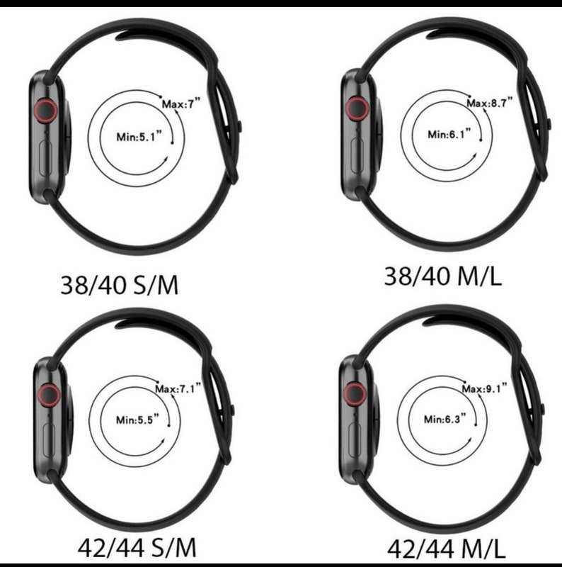 May include: Diagram showing the minimum and maximum wrist sizes for Apple Watch bands in 38/40mm and 42/44mm sizes. The measurements are in inches.