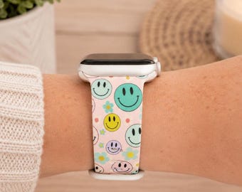 Pastel Smiley Face Watch Band | Retro Happy Face Floral Design | Compatible with Apple & Samsung Watches