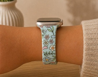 Correa de reloj con estampado floral en tonos pastel, compatible con Apple Watch, Samsung y Garmin.