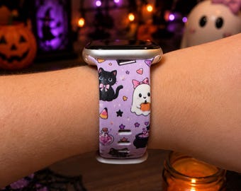 Cute Halloween Ghost & Black Cat Watch Band | Purple Spooky Smartwatch Band