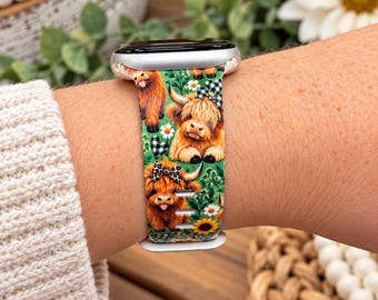 Highland Cow Watch Band, Cow Watch Strap, Farmhouse Watch Band, Floral Cow Band, Sunflower Watch Band, Country Girl Gift, Cow Lover Gift