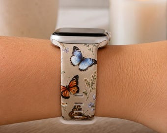 Butterfly Watch Band, Blue Orange Butterfly Watch Strap, Floral Butterfly Band