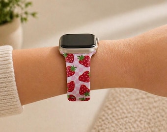 Correa de reloj con estampado de fresas a cuadros, compatible con Apple Watch, Samsung y Garmin.