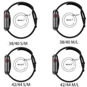 May include: Four black Apple Watch bands with different size options. The bands are shown with the maximum and minimum wrist sizes for each size option. The sizes are 38/40 S/M, 38/40 M/L, 42/44 S/M, and 42/44 M/L.