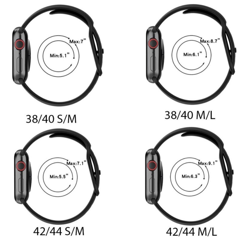 May include: Four black Apple Watch bands with different size options. The bands are shown with the maximum and minimum wrist sizes for each size option. The sizes are 38/40 S/M, 38/40 M/L, 42/44 S/M, and 42/44 M/L.