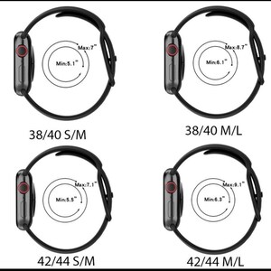 May include: A diagram showing the different sizes of Apple Watch bands. The image shows four Apple Watch bands in black, with the maximum and minimum wrist sizes labeled in inches. The bands are labeled with the corresponding Apple Watch size and band size: 38/40 S/M, 38/40 M/L, 42/44 S/M, and 42/44 M/L.