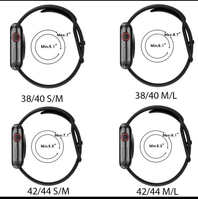 May include: A diagram showing the different sizes of Apple Watch bands. The image shows four Apple Watch bands in black, with the maximum and minimum wrist sizes labeled in inches. The bands are labeled with the corresponding Apple Watch size and band size: 38/40 S/M, 38/40 M/L, 42/44 S/M, and 42/44 M/L.